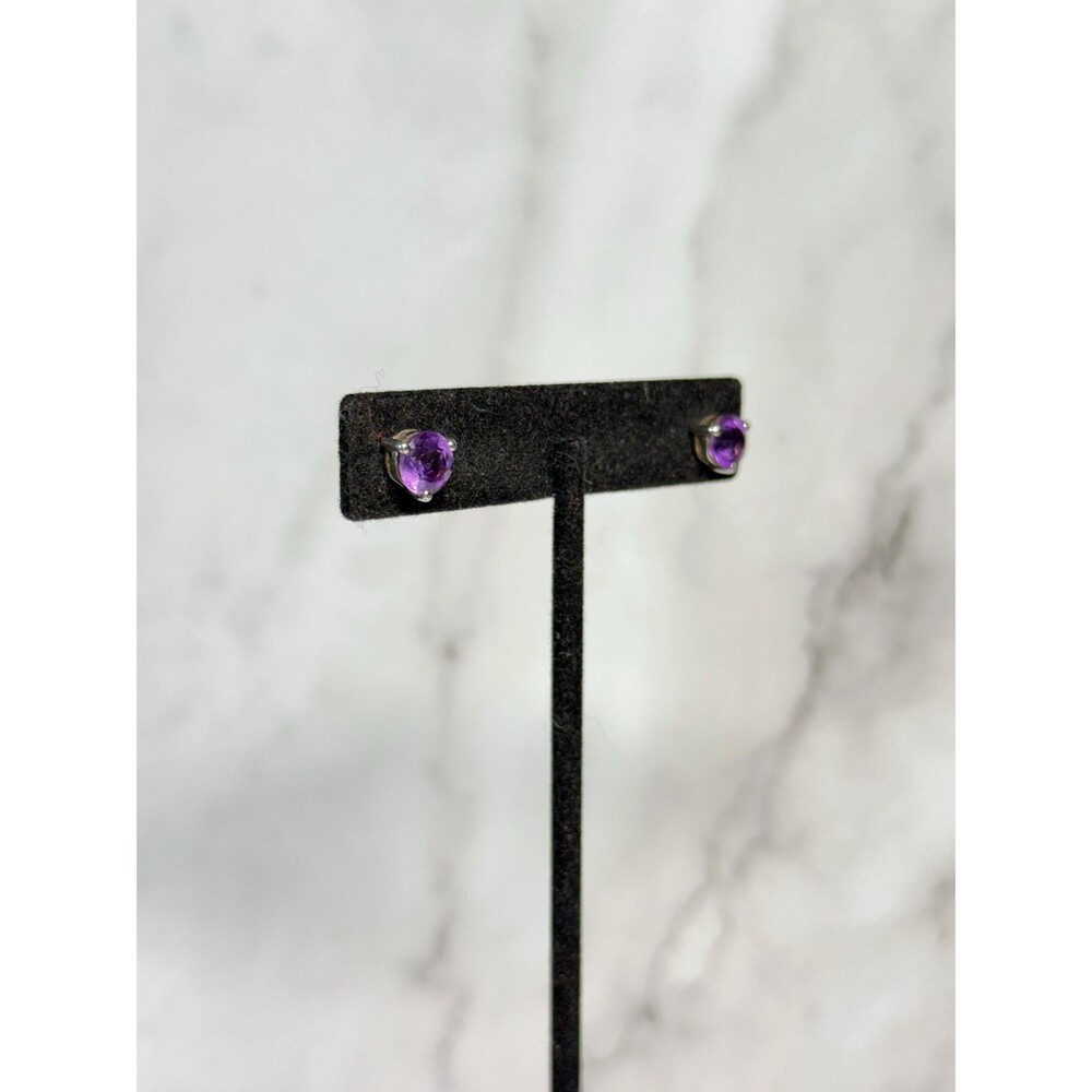 Sterling Silver Amethyst Stud Earrings Round Faceted Purple Gemstone - Picture 7 of 14